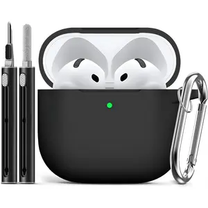 Silicone Case for AirPods 4 2024 Protective Cover with Cleaning Kit & Keychain, Shockproof Anti-Scratch Slim Case for AirPods 4th Gen, Lightweight Durable Portable Accessories, Black