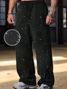 Men's Casual Sports Pants with Shiny Star Pattern, Convenient Drawstring Design, Cool Silver Color Fabric for Summer Outings, Trendy Fit for Street Style and Dates, Casual Sport Trousers