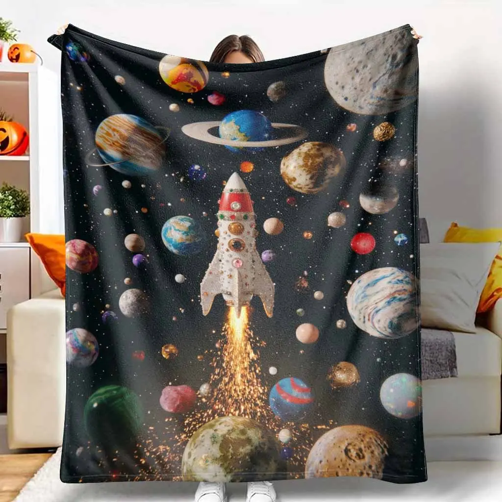 Rocket and Planet Universe Flannel Blanket， Galaxy Space Print Design， Soft Warm Cozy Reversible Throw， Lightweight Durable Fade Resistant， Perfect for Bedroom Sofa Office Travel Gift Home Decor tiktokshopspringglowup