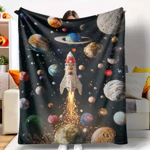 Rocket and Planet Universe Flannel Blanket， Galaxy Space Print Design， Soft Warm Cozy Reversible Throw， Lightweight Durable Fade Resistant， Perfect for Bedroom Sofa Office Travel Gift Home Decor tiktokshopspringglowup