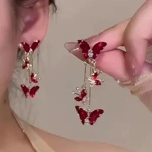 2pcs/set, Elegant and Sexy Red Butterfly Pendant Earring Set with Synthetic Zirconia, Copper Tassel Long Earrings, Golden, Fashionable Earrings for Daily and Banquet Occasions - Suitable for All Seasons