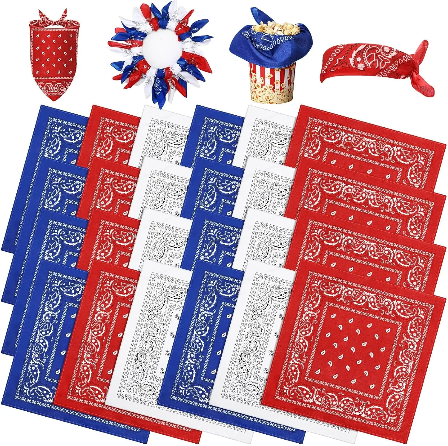 Hahafelt 24 Pcs Paisley Bandanas Red White Blue Headband for Men and Women 4th of July 250 Anniversary Versatile Decoration Handkerchief Patriotic Bandana for Tabletop Wreath Banner Flags Decor