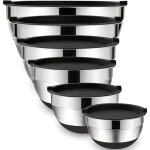 Umite Chef 6-Piece Stainless Steel Mixing Bowls with Airtight Lids, Non-Slip Bottoms, Nesting Design, Sizes 7QT, 3.5QT, 2.5QT, 2QT, 1.5QT, 1QT, Ideal for Mixing and Serving (Black) Red Label Apparel & Things