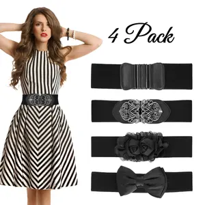 4 PCS Black Color Vintage Waist Belts Women  Stretch Retro Cinch Belt Waistband For Jeans Pants Dresses Shirts 4 Styles Bowknot & Retro Cinch Elegant Women's  Waist Belt  with Bow