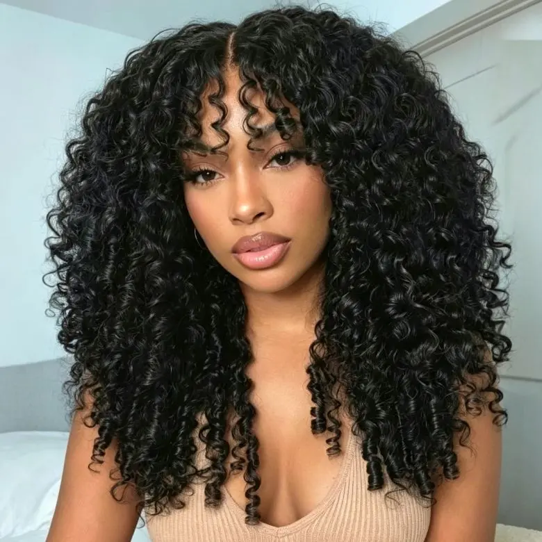 Nadula 13x4 Pre everything Burmese Curly Finger Coils Ends Thick Curls Wig with Bangs Glueless Lace Frontal Human Hair Wig