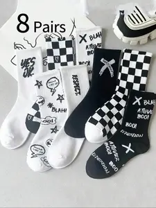 Women's Crew Socks Fit Random Colors Checkerboard Spring Fall Street Style Fashion Trendy Knee High Long Socks Sports Student Casual Fitted