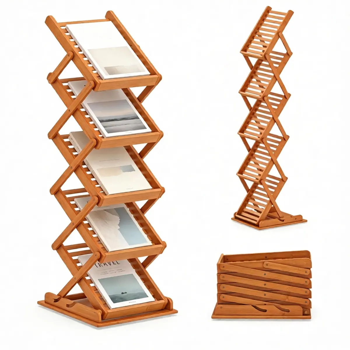 Walnut Finish Foldable Bamboo Magazine Rack, Freestanding Floor Brochure Literature Display Stand, Pop-Up Design with 5 Storage Pockets, 2 Adjustable Heights & Anti-Slip Foot Pads Organiser Hook, Smooth