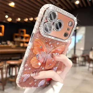 Original Orange Butterfly Glitter Clear Phone Case for iPhone 17 16 15 14 13 Pro Max Rhinestones Diamond Lens Film Frame Cover