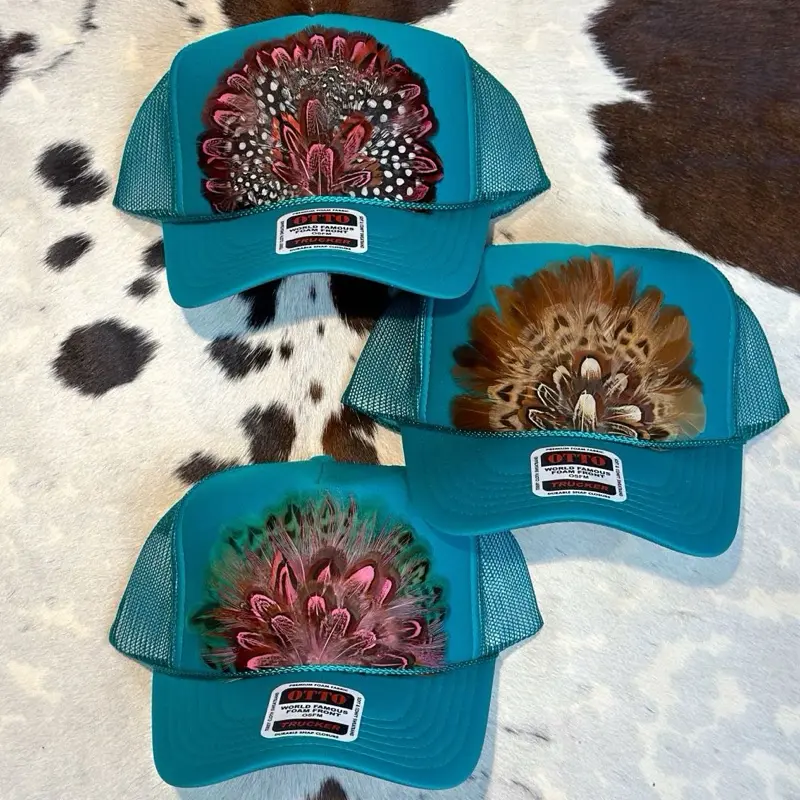 Otto Western Feather Crown Trucker Hat Jade - 1970s Inspired Semi-Structured Foam Hat with Unique Feather Design Snap Closure & Curved Visor