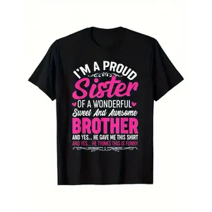 I'M A PROUD Sister T-Shirt - Fun Black Cotton Tee with Bold Pink and White Text, Features Playful Design for Sister Celebrating Her Wonderful Brother - Perfect Gift for Birthdays, Anniversaries or Just to Show Your Love! A312