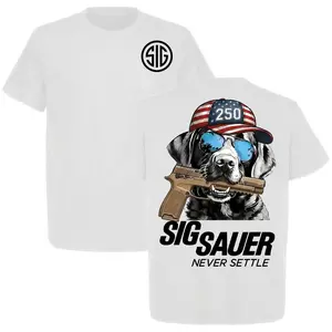 2026 Summer Men's Sig Sauer Never Settle Patriotic Dog T-Shirt Funny Sig Sauer Tactical Style Tee Gift for Him Unisex Cotton Shirt USA