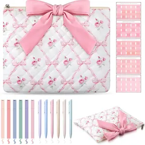 Pink Bible Cover Case for Women Girls Pink Bow Quilted Bible Cover with Study Supplies Cute Cotton Carrying Bag for Girls Christian Gifts