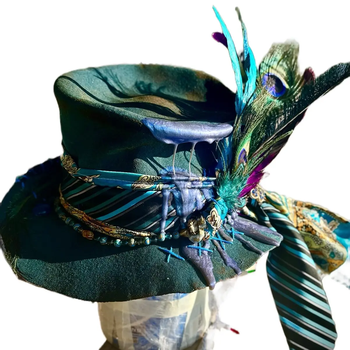 “Poppy Peacock" - Premium 10x Lana Wool Felt Top Hat In Peacock Blue Color, High-Quality 10x Finish, GUARANTEED TO BE THE ONLY ONE IN THE WORLD! *cannot be duplicated.