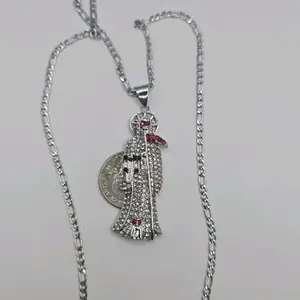 LA SANTA MUERTE  fashion necklace silver color & red eyes  gold-plated figaro style