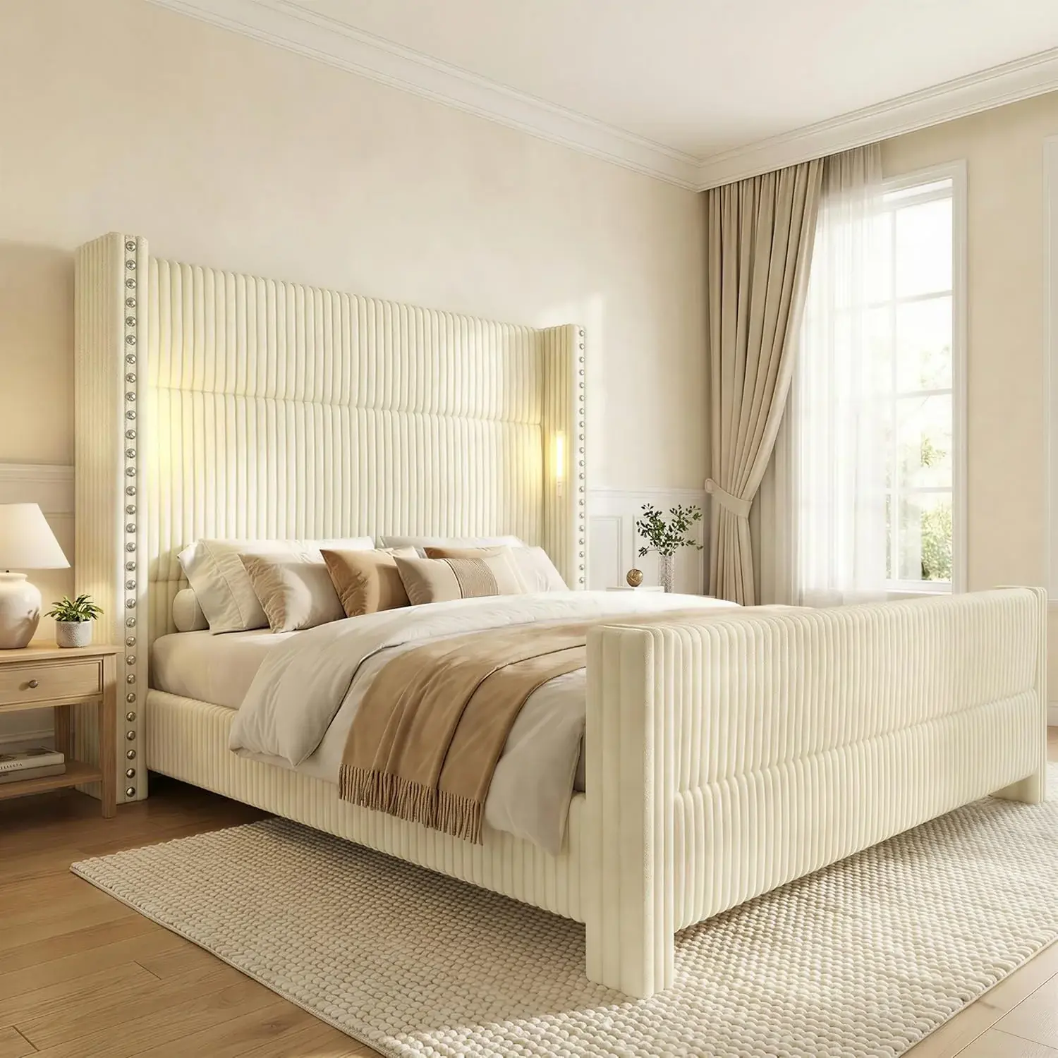 【Ships in 1 or 2 Packages】Corduroy Wingback Tufted Upholstered King Size Bed Frame - Modern Design with Reading Lights, USB Ports, Noise-Free 1200 lbs Heavy Duty Platform, Ideal Gift for Teen Girls, SummerWins, FathersDayGift, Upholstered Bed Frame, Bed F