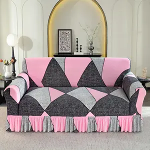 Abstract Geometric Pattern Sofa Cover, 1 Count Elastic Sofa Slipcover with Ruffle Trim, Sofa Protector for Home Living Room Hotel Office Meeting Room Party, Room Accessories