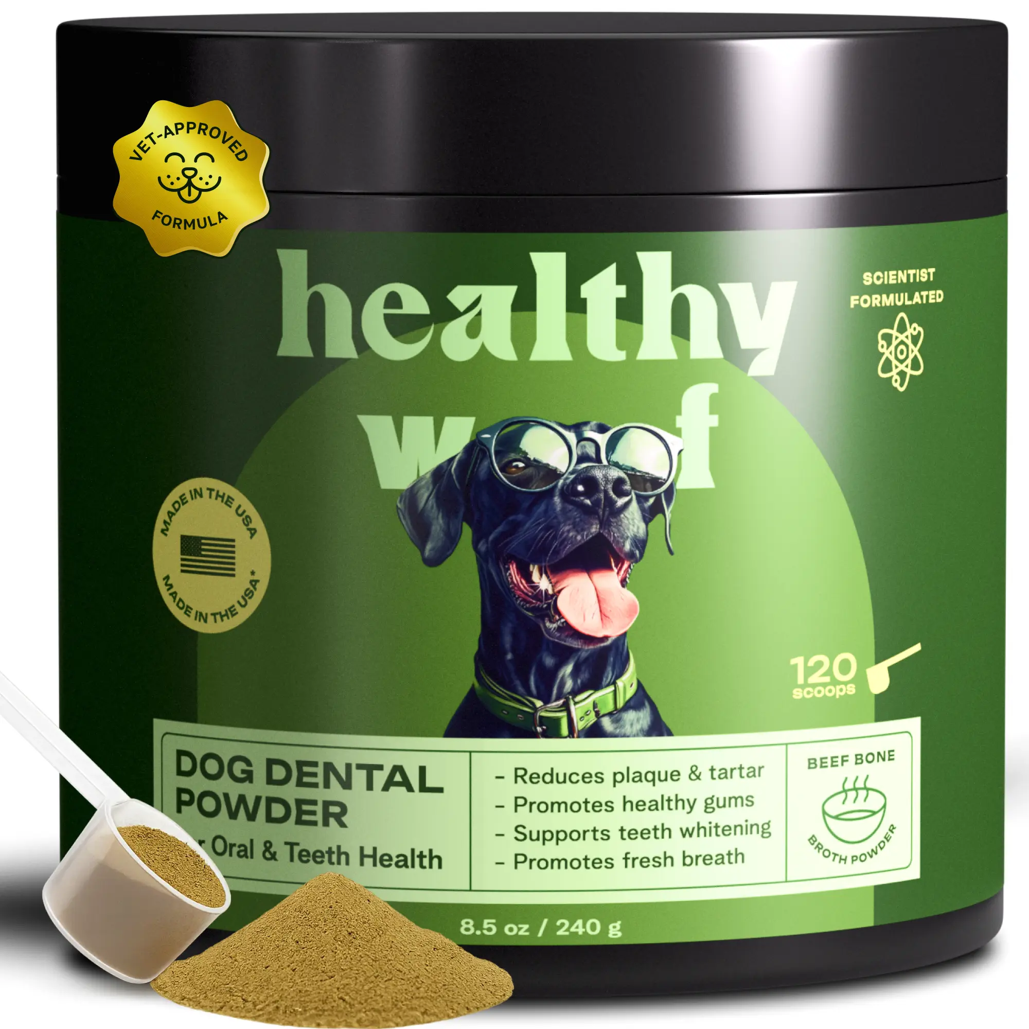 Healthy Woof Dog Dental Powder - No-Brushing Oral Care Supplies with Green Tea Extract, Bad Breath Freshener, Daily Plaque & Tartar Support (Options: 30 Scoops/2.1 Oz/60 G, 60 Scoops/4.2 Oz/120 G)