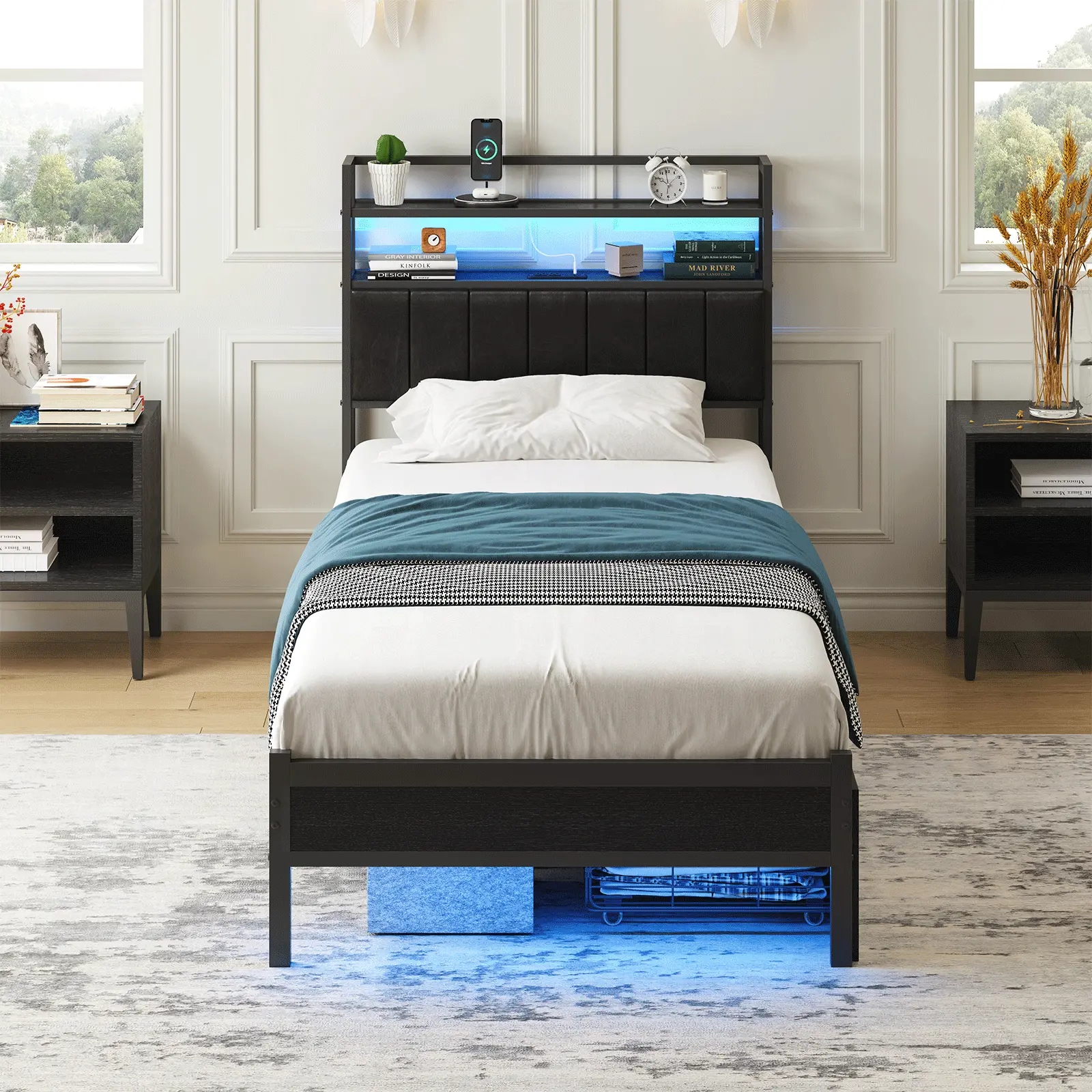 Full Size Bed Frame Upholstered Bed Frame with LED Lights USB Charging Station Storage Shelves Heavy Duty Slats Noise Free No Box Spring Needed Apartment Furniture homemakeover
