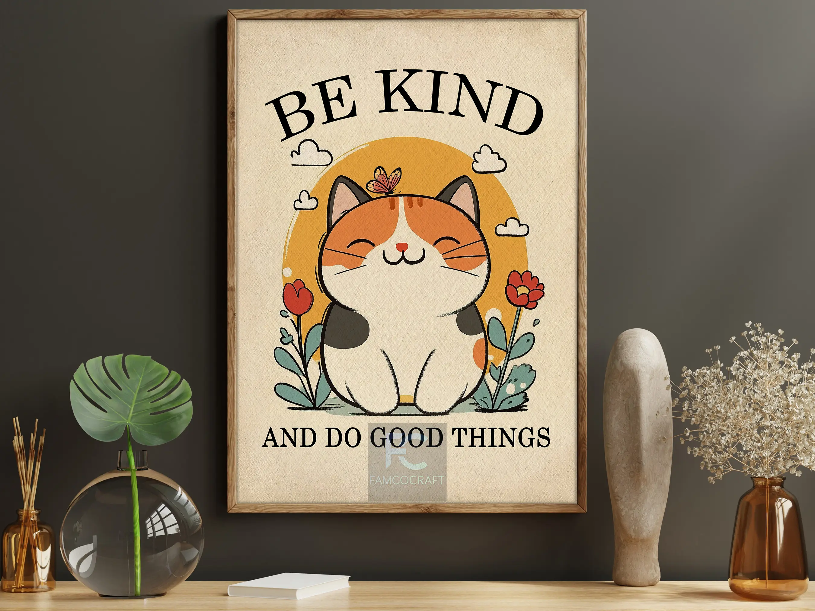 Be Kind Canvas Print, Whimsical Cat Poster Print, Inspirational Wall Art Decor