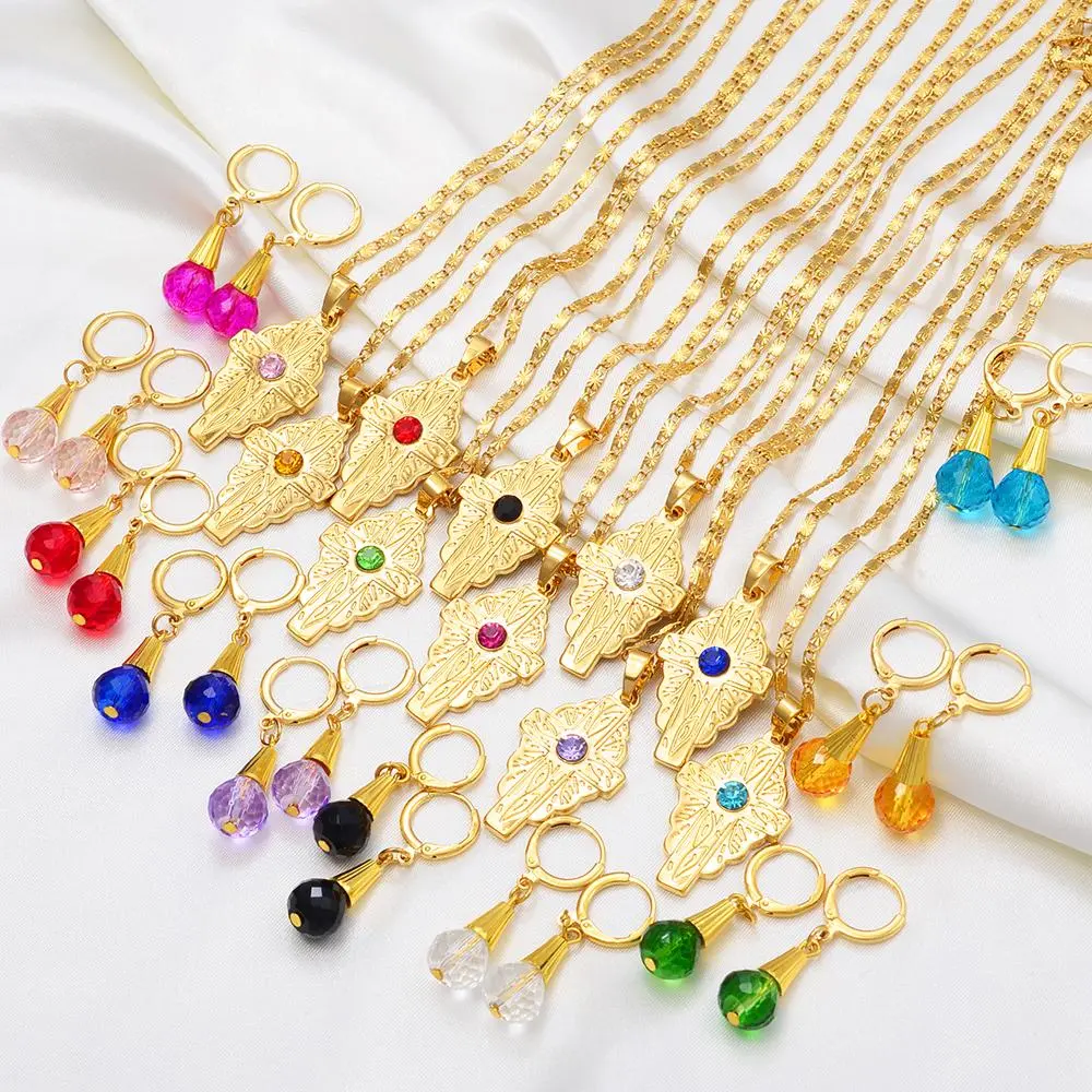 Anniyo Hawaiian Bead Ball Jewelry sets Cross Pendant Necklaces & Colored Crystal Earrings Guam Micronesia Chuuk Kiribati #250006