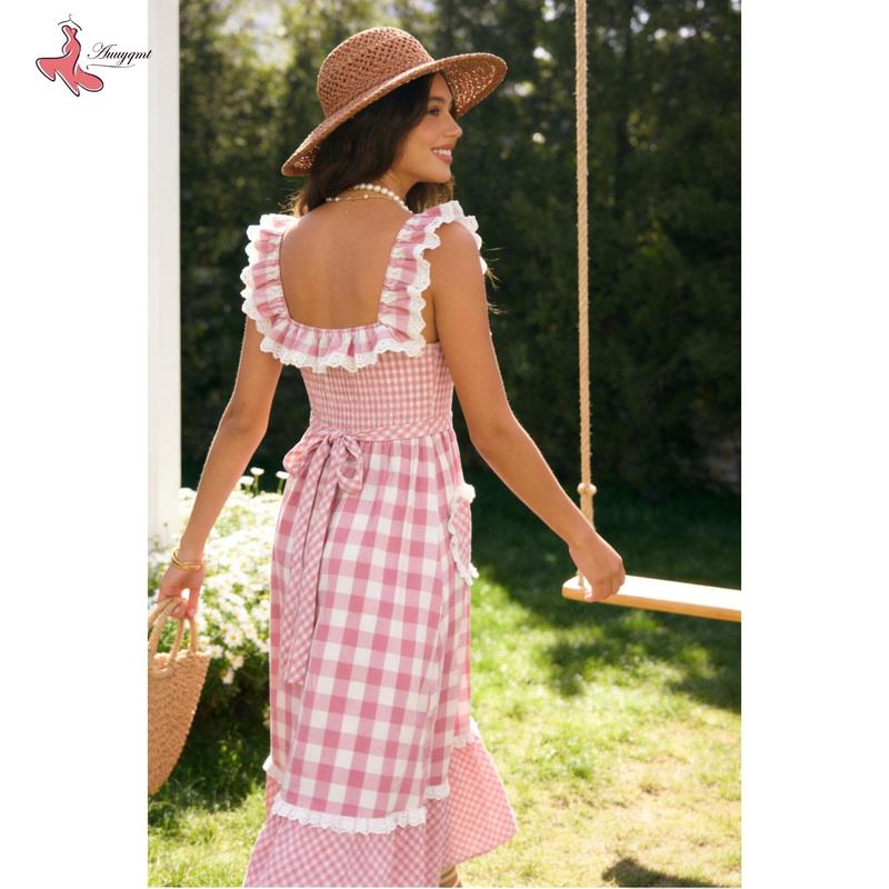 Women's Lace Heart-patterned Plaid Square-neck Valentine's Day Dress Cute Pastoral Style