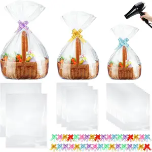 95 count 3 Sizes Shrink Wrap Bags for  Baskets 20" x 28" 16" x 24" 14" x 18" Clear Plastic Heat Shrink Cellophane Bags and 6 Color Pull Bows for Easter Christmas Baskets Packaging