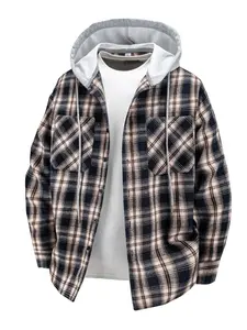 Men's Casual Hooded Shirt with Adjustable Drawstring, Plaid Pattern, Long Sleeve Button-Up, Spring & Fall Transition Wear