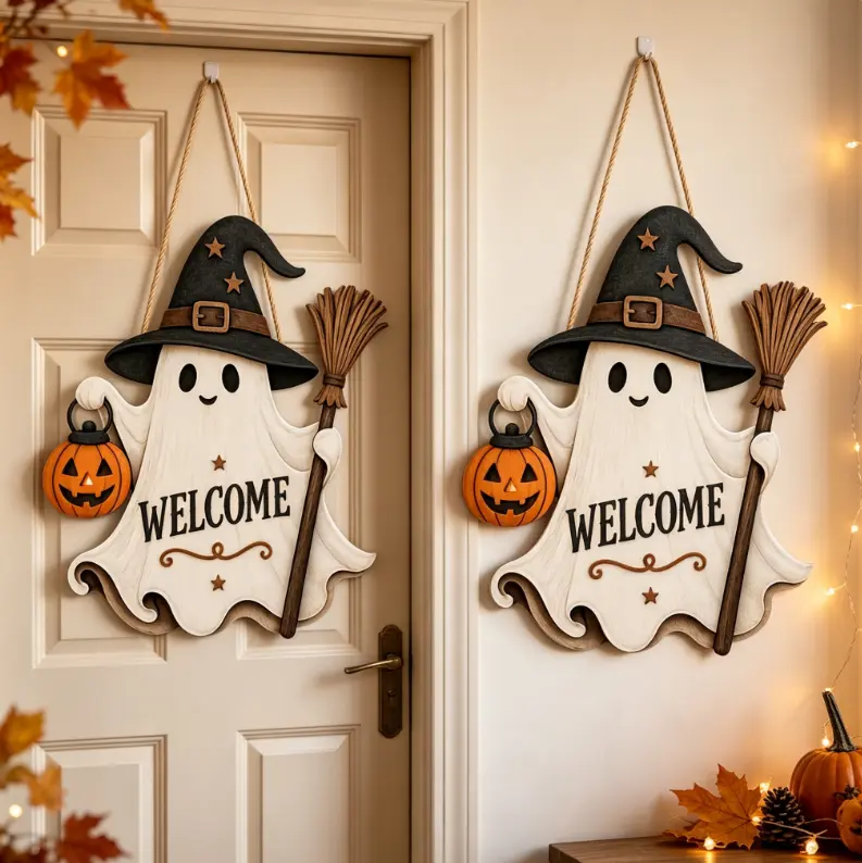 Halloween Ghost Welcome Sign Cute Wooden Door Hanging Decoration Fall Front Door Wall Decor Spooky Holiday Porch Entry Decoration Suitable for Indoor and Outdoor Family Parties