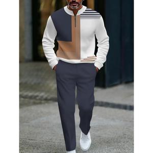 Men's 2-Piece Casual Set 2026, Simple Versatile Half-Zip Geometric Color-Blocked Top, Solid Loose Straight-Leg Pants, Ideal for Daily Commuting