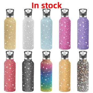 stainless steel straight body sports insulated cup with diamond inlay, portable car cup with straw