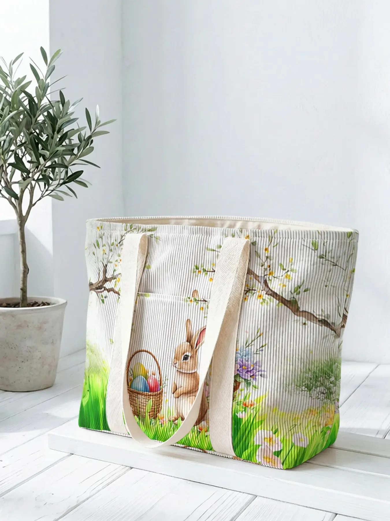 1 piece of Easter rabbit and Easter eggs 2D printed tote bag, large capacity space|commuting/shopping/working all-purpose|carry the gentleness and faith of Easter in your hands, Easter