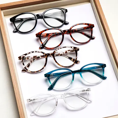 5-Piece Round Anti-Blue Light Reading Glasses Suitable For Men And Women Stylish Retro Elegance Unique Spring Hinge Design Ideal For Daily Wear, Outings, And Work