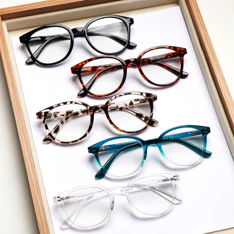 5-Piece Round Anti-Blue Light Reading Glasses Suitable For Men And Women Stylish Retro Elegance Unique Spring Hinge Design Ideal For Daily Wear, Outings, And Work
