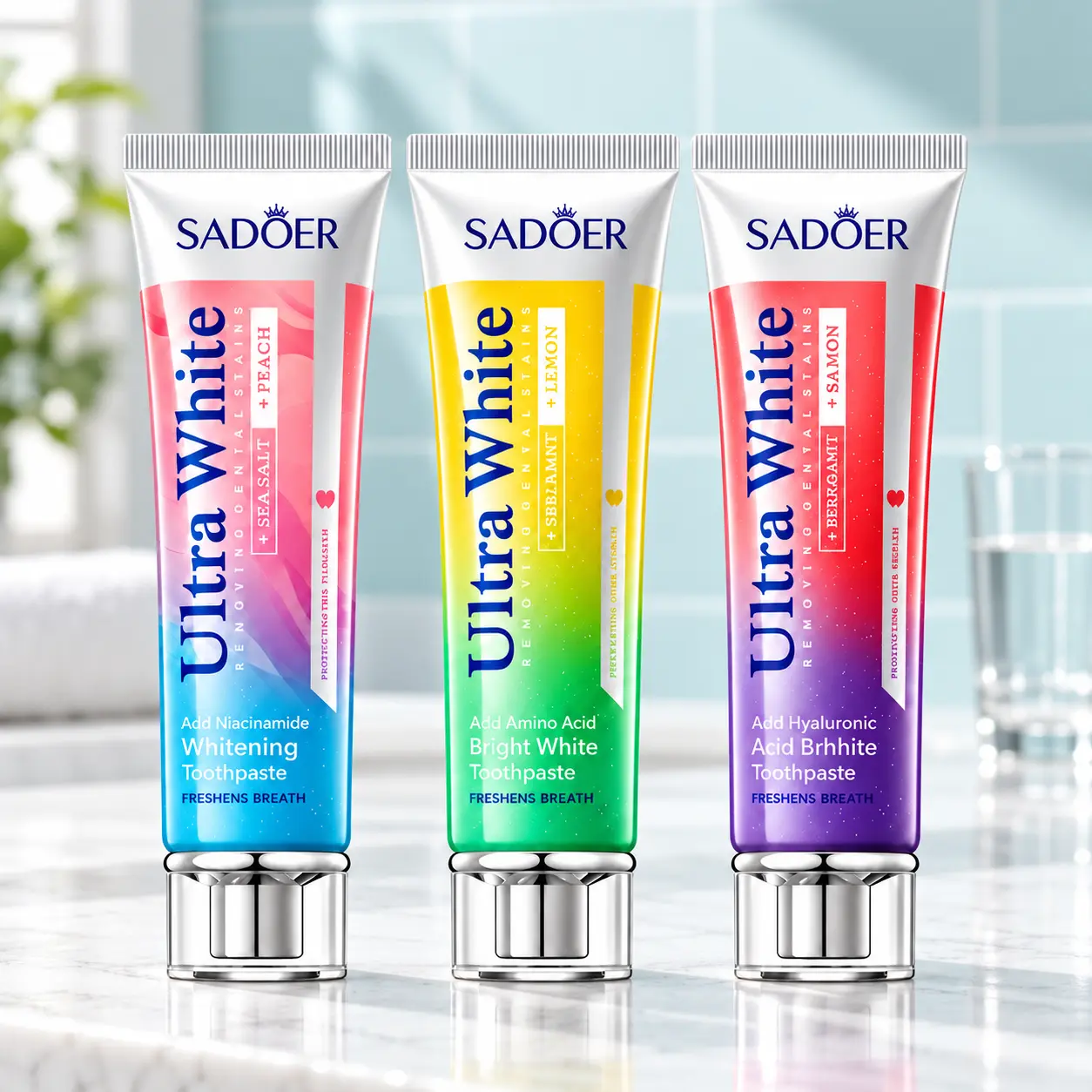 SADOER 3 Pack Toothpaste Set for Adults, Ultra White Daily Oral Care with Lemon, Peach and Cherry Blossom Flavor Variety, Fresh Breath Toothpaste Multipack for Home Bathroom Travel Essentials