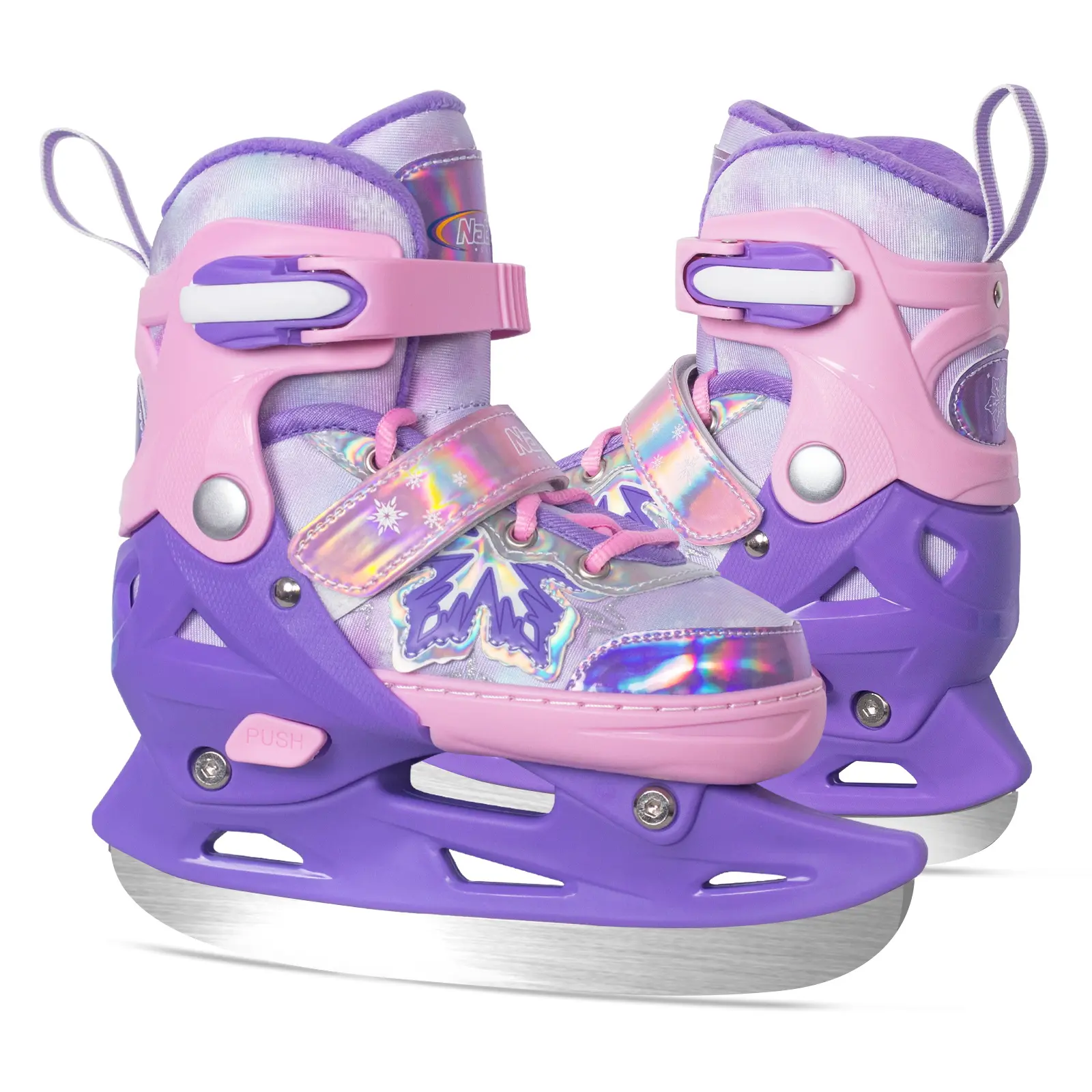 Nattork Adjustable Ice Skates for Kids - Snowy Ice Pink & Purple, Fleece, Plush, Holidays, Ice Skating, Adjustable Fit For Growing Feet