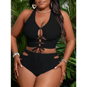 Women's Plus Size Solid Color High Waist Bikini Set with Drawstring, Fabric, Removable Padding, Polyamide 80%, Elastane 20%, 220gsm, Modest Style