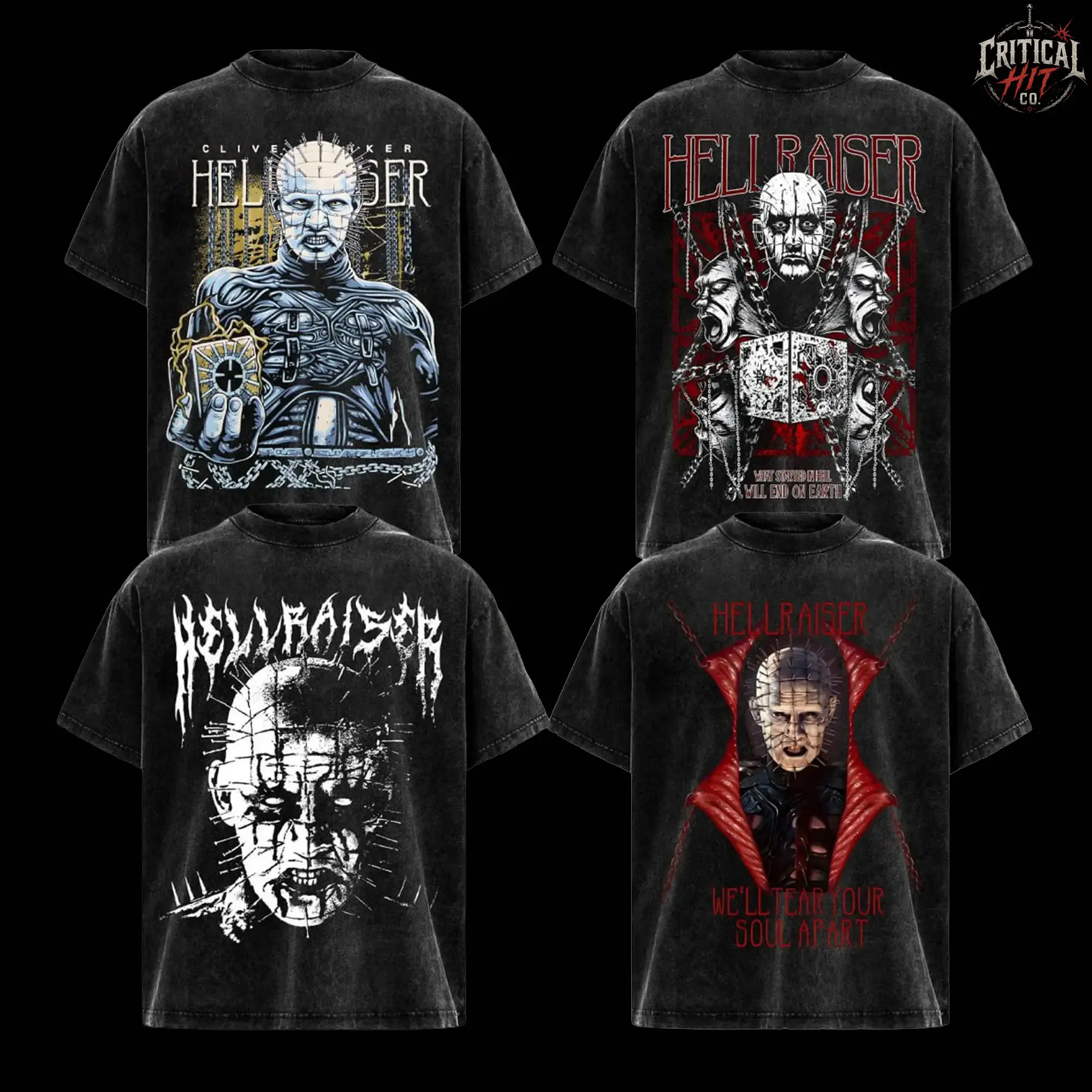 4 Designs Hellraiser Pinhead Washed T Shirt, Clive Barker Horror Graphic Tee, Cenobite Vintage Shirt, 80s Cult Horror Movie Tee, Lament Configuration Design, Gothic Horror Streetwear, Pinhead Fan Gift, Oversized Black Distressed Tee