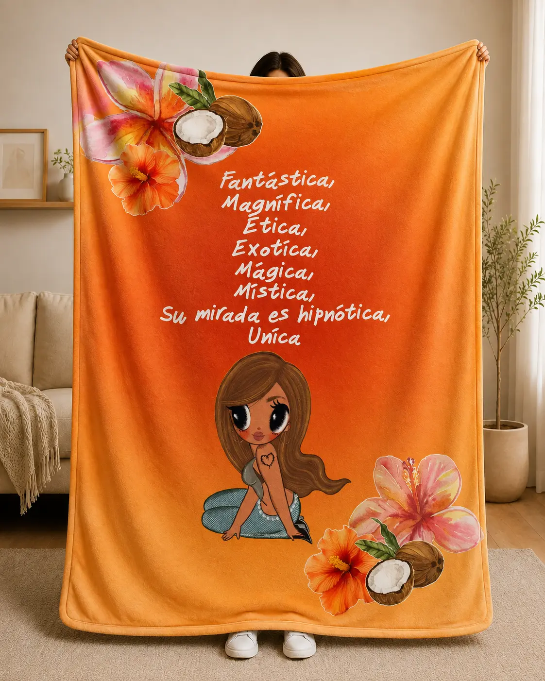 Latina Girl Blanket, Spanish Quote Throw Blanket, Coconut Floral Cozy Blanket, Orange Aesthetic Room Decor, Hispanic Gift for Women