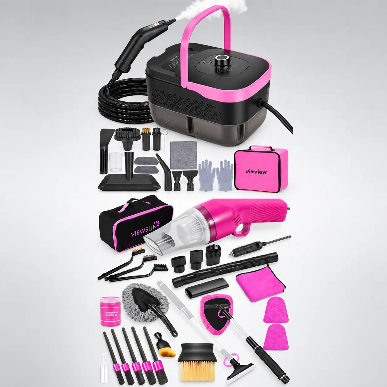 Pink Steam Cleaner & Car Cleaning Kit, 35PCS Car & Home Cleaning Set with 3-Level Steam Cleaner, 7500Pa Handheld Vacuum, Detailing Brushes, Windshield Cleaner & Cleaning Gel, Gift for Women