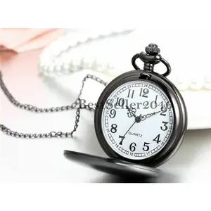 Vintage Black Chain Glossy Smooth Quartz Pocket Watch Arabic Numerals Dial Gift