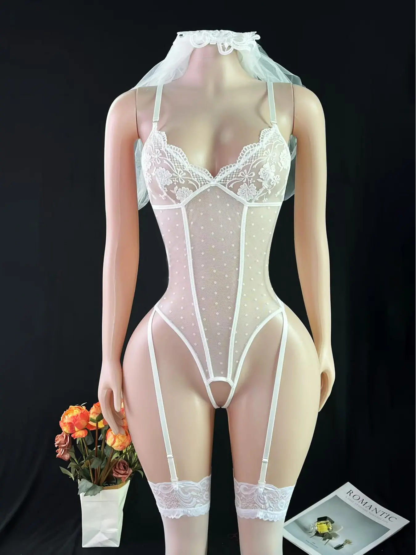 Women's Sexy Water Soluble Floral Mesh Bridal Bodysuit, Lace Spliced Sheer See-through Wedding Lingerie, Wire-Free 4-Piece Set Includes Bodysuit, Veil and Mesh Stockings, Ideal for Private Parties whimsy clothing