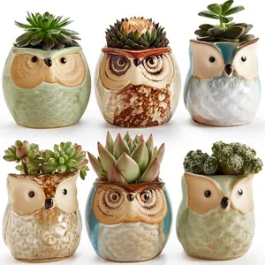 Owl Pot Ceramic Flowing Glaze Base Serial Set Succulent Plant Pot Cactus Plant Pot Flower Pot Container Planter with Drainage Hole Home Office Desk Garden Gift Idea 6pcs 2.5 Inch
