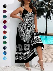 Plus Size Ethnic Pattern Backless Scoop Neck Cami Dress, Boho Fashion Sleeveless A Line Long Dress for Beach Holiday Vacation, Women's Plus Clothing for Summer