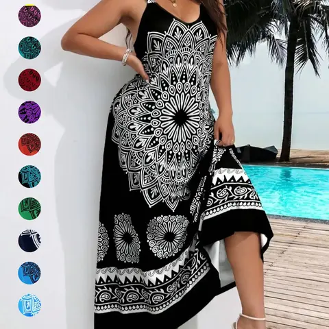 Plus Size Ethnic Pattern Backless Scoop Neck Fitted Cami Dress, Boho Aesthetic Print Dress, Boho Bohemian Fashion Chic Sleeveless Casual A Line Long Dress, Casual Boho Sundress for Beach Holiday Vacation, Women's Plus Clothing for Summer