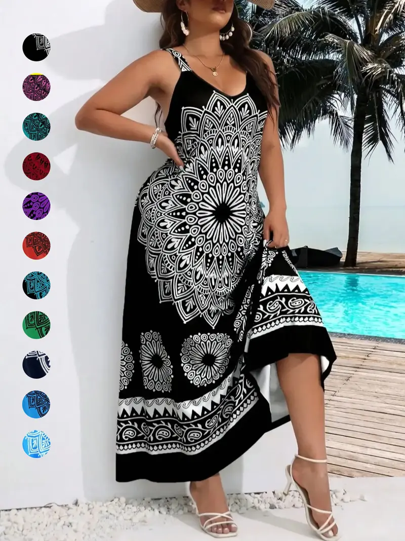 Plus Size Ethnic Pattern Backless Scoop Neck Cami Dress, Boho Fashion Sleeveless A Line Long Dress for Beach Holiday Vacation, Women's Plus Clothing for Summer
