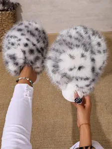 New Fashion Leopard Print Plush Slippers, Fall & Winter Home Anti-Slip Flat Bottom, Textile Upper, Women's Casual Shoes