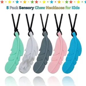 5 Pack Sensory Chew Necklaces for Kids – Silicone Feather Chewy Pendants for Boys & Girls, Autism & ADHD Chew Toys, Oral Motor Therapy for Mild Chewers