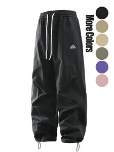 Men's Solid Pocket Drawstring Waist Pants, Casual Breathable Waterproof Windproof Straight Leg Trousers for Outdoor, Men's Bottoms for All Seasons