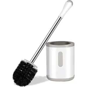 Compact Toilet Brush & Holder Set, Stainless Steel Handle Nylon Bristles, Space Saving Deep Cleaning Drip-Proof Easy Assembly, White & Grey