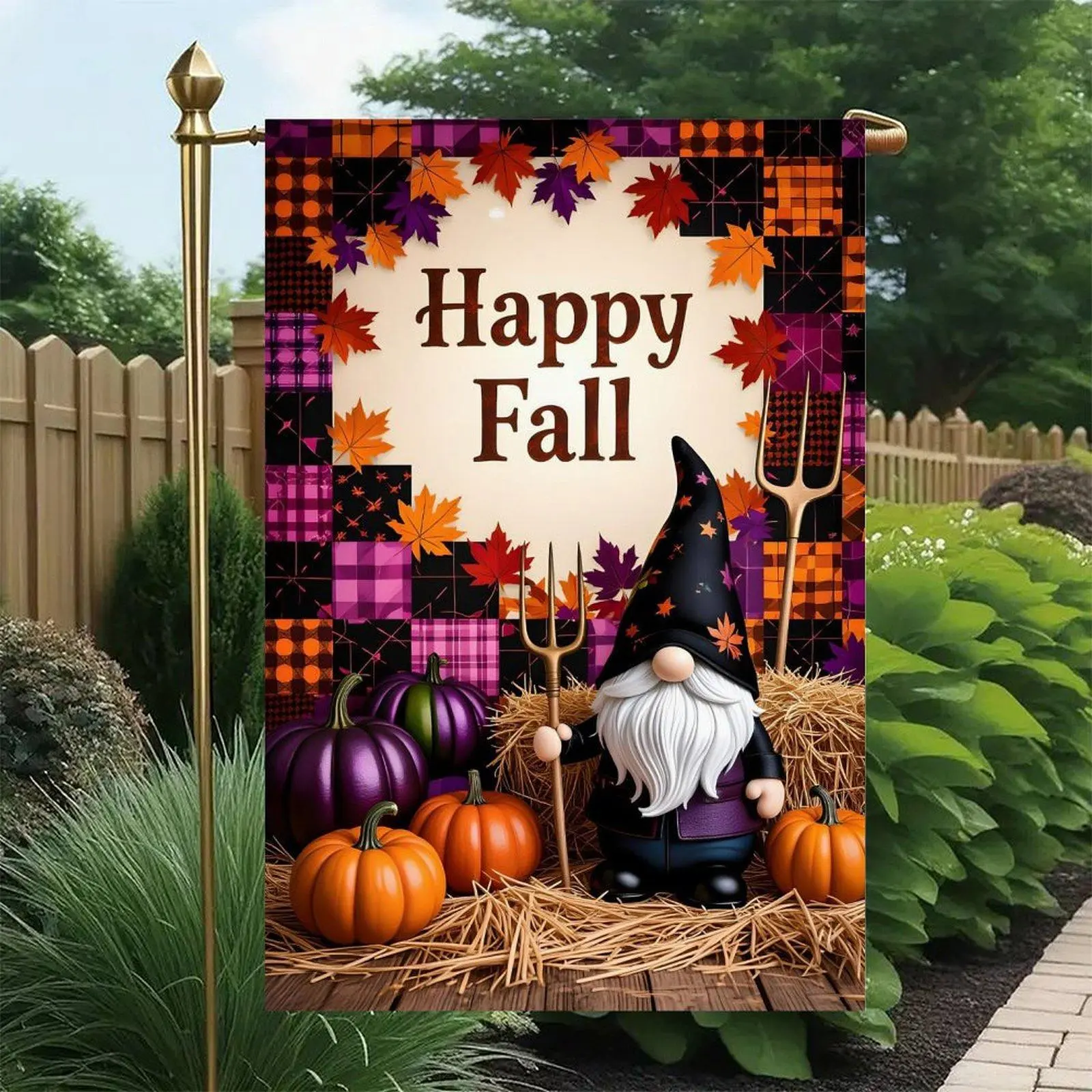 Double-Sided Witchy Gnome Garden Flag (12x18in) - Happy Fall, Purple-Orange Pumpkin, Pitchfork, Hay Straw, Plaid Design, Autumn Farmhouse Outdoor Lawn Decor, Flags For Outside, Outdoor Garden Accessories